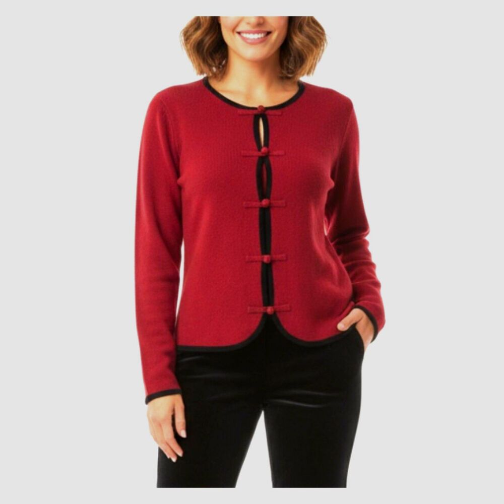Laura Ashley Red Wool Angora Blend Black Velvet Trim LS Cardigan Sweater Size M
